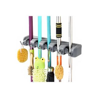 708 Wall Mounted Plastic Broom Mop Holder with 5 Slots and 6 Utility Hooks