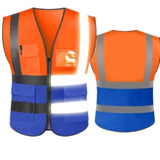 Reflective Orange Blue Breathable Mesh Safety Vest with Zipper and Multiple Pockets