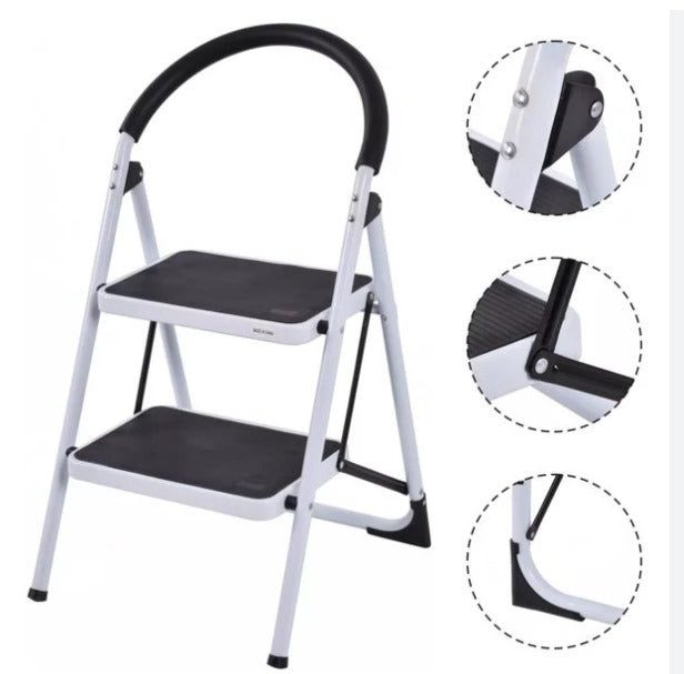 HIGH QUALITY WHITE CARBON STEEL FOLDING STEP LADDER WITH ANTI SLIP RUBBER PADS