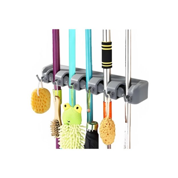708 Wall Mounted Plastic Broom Mop Holder with 5 Slots and 6 Utility Hooks